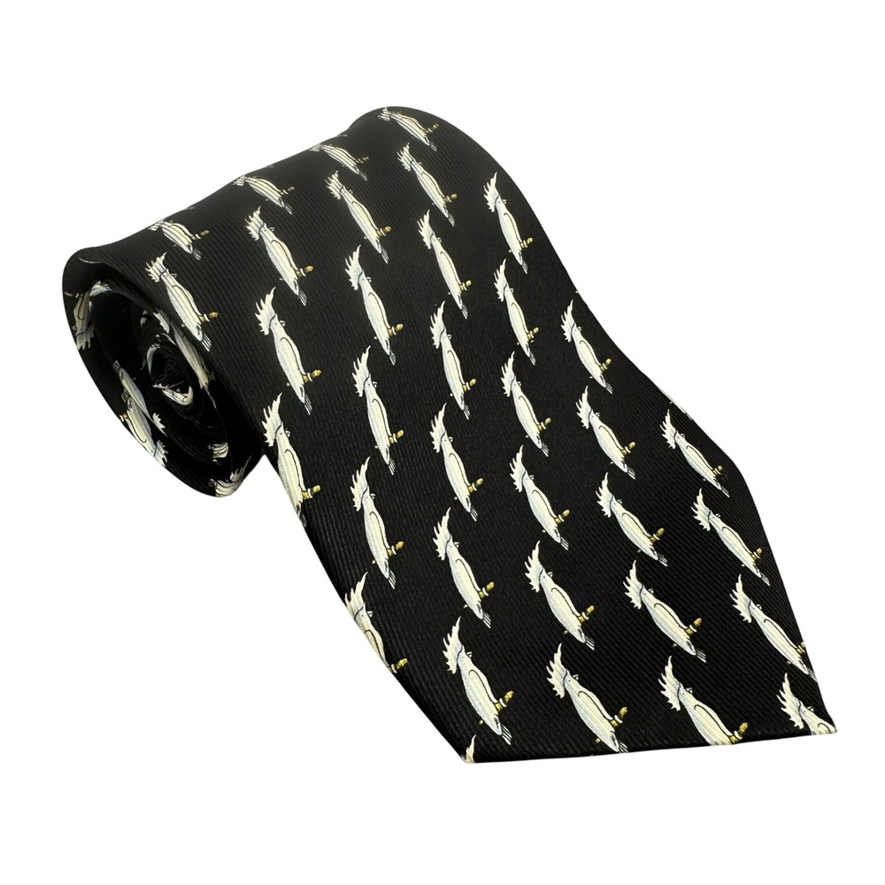 Axe Mod Paris 100%‎ silk necktie black white cockatoo pattern business
